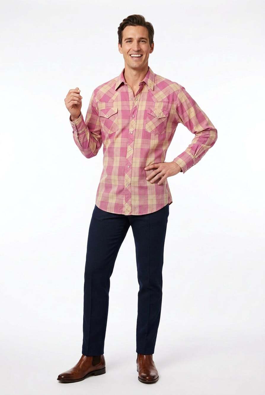Men's Sierra Ridge Vintage Pink Plaid Pearl Snap Western Shirt Size Large